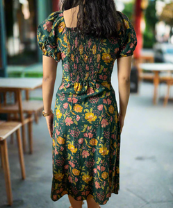 <b>Boho</b> Chic 100% Cotton Georgette A-Line Midi <b>Dress</b> Green Floral Print Eco-Friendly and for <b>Summer</b> or Autumn - Product Image 2