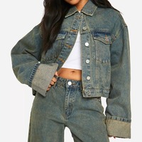 Veste courte en jean délavé respirante à manches longues, boutonnée, ornée de strass, légère, imprimée, style décontracté, pour le printemps
