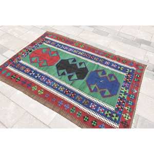 Alfombra Kilim turca tradicional área grande 4'1 \ "X 6 'rectángulo Patchwork abstracto pasillo verde rojo lana látex 10mm para habitación - Product Image 2