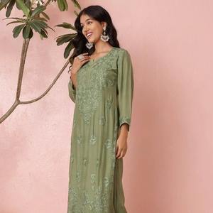 Latest Design Women's Ready to Wear Chikankari Long Kurti Set With Pants Available at Wholesale Price From India - Product Image 1