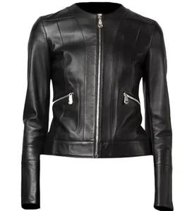 Black Leather <b>Jacket</b> <b>Women</b> <b>Collarless</b> Slim Fit Zip Bomber <b>Jacket</b> Breathable Genuine Lambskin Cotton Lining Moto Outerwear Casual - Product Image 1