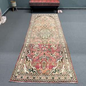 Turkish Vintage <b>Runner</b> Rug 3.7x9.7 ft, Red <b>Green</b> Oriental Wool Rug - Product Image 1