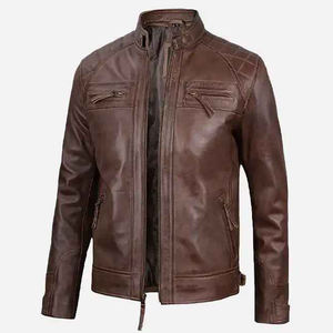 Veste de moto en cuir d'agneau véritable pour homme, col rond, fermeture éclair, crochetée, respirante, longueur standard, haut de gamme, chaude pour l'hiver - Product Image 4