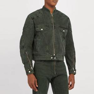 แจ็กเก็ตนักขี่จักรยานผ้ายีนส์ผู้ชายวินเทจซักได้มีหลายกระเป๋า OEM สีที่กำหนดเองสีจางลง - Product Image 5