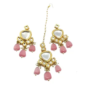 Parure de collier Kundan double couche complexe, plaqué or rouge clair, bijoux raffinés pour mariages, avec zircon et acier inoxydable - Product Image 6