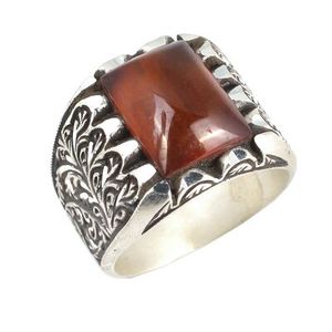Bague pour homme en argent sterling 925 avec pierre d'ambre orange compressée, gravée à la main, sertie en clos rectangulaire, rhodiée, pour usage quotidien - Product Image 1