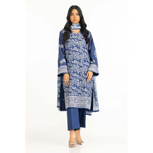 ชุดสูทผ้าสวิสวอยล์พิมพ์ลายเคลือบเงาสีน้ำเงินสำหรับผู้หญิง 3 ชิ้น พร้อมตกแต่งกระดุม - Product Image 5