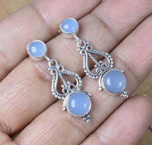 Joyería de plata fina hecha a mano, pendientes clásicos para niñas, calcedonia, Plata de Ley 925 sólida, piedras preciosas naturales, joyería de sello 925 - Product Image 5