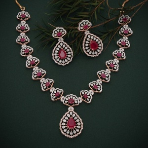 Conjunto de Collar y Aretes de Diamantes y Rubíes Cultivados en Laboratorio, Chapados en Oro de 14K, Joyería de Boda para Mujer - Product Image 4