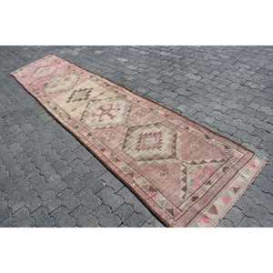 Turkish Vintage Rug, 2.9x12 ft Herki Rug, <b>Brown</b> Pink Solid <b>Wool</b> Rug - Product Image 2