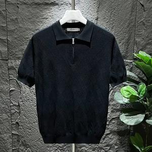 Polo d'été pour hommes, manches courtes en soie de glace tendance, haut rétro classique avec veines à grille solide, coupe ajustée, t-shirts amples - Product Image 3
