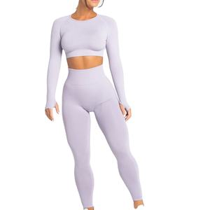 Conjunto Deportivo para Mujer al por Mayor OEM, Traje de Yoga de Dos Piezas, 100% Algodón, Top Corto de Manga Larga, Leggings, Patrón Personalizado, Color Sólido - Product Image 1