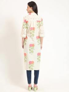 Ivory <b>Pink</b> Women's Floral Printed Cotton Kurti Full Sleeves Ethnic Office Wear Casual Salwar Kameez Wholesale From India - Product Image 6