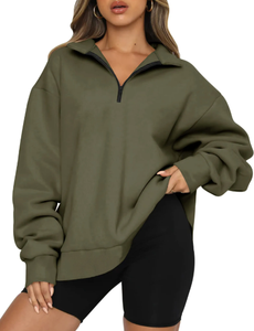 Sweat à capuche décontracté pour femme de haute qualité, à manches longues, coupe oversize, avec demi-zip, 100% coton, séchage rapide et imperméable - Product Image 2