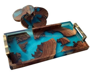 Eco-Friendly Wooden Epoxy Resin Serving Tray Handle Tea Coasters <b>Set</b> Household Use Dishwasher <b>Microwave</b> Safe Falak World Export - Product Image 3