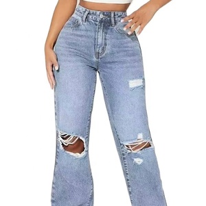 กางเกงยีนส์ขาตรงเอวสูงฟอกสีเข้มแฟชั่นวินเทจของผู้หญิงซักได้แบบลำลองฤดูร้อน - Product Image 3