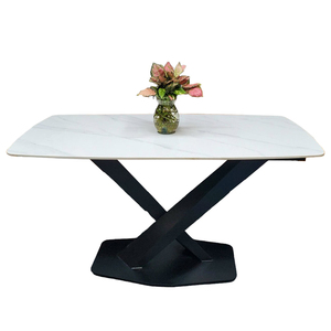 Ensemble de table à manger rectangulaire BA68094 140/160x80cm, pieds en fer en forme de X, plateau en marbre blanc/noir, 6 places, assemblé pour une utilisation pratique - Product Image 1