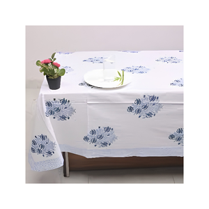 Blue Printed <b>Tablecloth</b> Cotton Floral Motif Border Design Rectangle Dining Cover Home Textile Supplier Bulk Wholesale OEM - Product Image 2