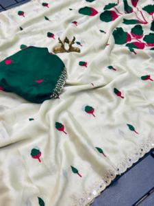 Sari en soie Rangoli doux pour femmes, broderie, travail de pallu magnifique, véritable travail de miroir, bordure découpée, fabriqué en Inde - Product Image 5