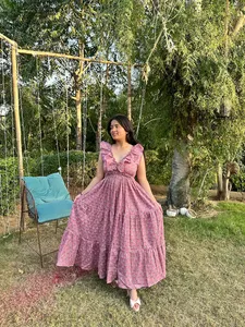 Vestido largo bohemio con estampado Floral ecológico para mujer, vestido Midi informal de verano, bloque de mano, estampado Floral, otoño Natural - Product Image 6