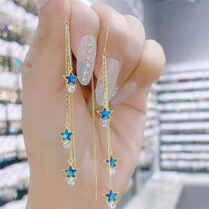Elegantes Pendientes Largos con Diseño de Borla y Estrella de Cinco Puntas de Cristal Azul, Forma de Animal, Hechos de Aleación de Zinc para Mujeres y Niñas - Product Image 1