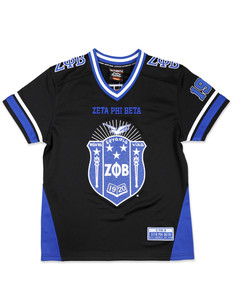 Zeta Phi Beta noir maillot de football bleu royal 100% polyester brodé bouclier avant dos manches col en V col rayé - Product Image 3