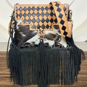 Bolso cruzado con flecos de piel de vaca occidental con solapa de cuero a cuadros a mano bohemio y hermoso bolso de hombro de gran capacidad de lujo - Product Image 1