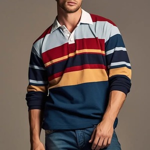 Polos con estampado de rayas de colores para hombre, camisetas de manga larga informales de negocios diarios, camiseta con botón de solapa a la moda, ropa holgada de otoño - Product Image 5