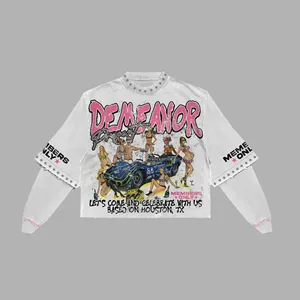 T-shirts courts et hauts à manches longues pour femmes, broderie gothique en pierre et imprimés graphiques hip-hop, coupe ample en coton - Product Image 2