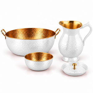 3 Piece Luxurious Hammered <b>Pedicure</b> <b>Bowl</b> Set with Jug and Lid Copper Interior White Exterior for Adult Use Manicure <b>Pedicure</b> Spa - Product Image 1