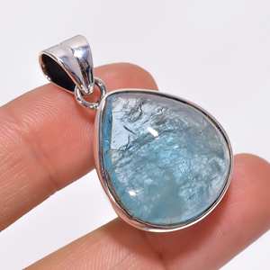 Colgante de Plata de Ley 925 sólida de calidad superior hecho a mano estilo étnico aguamarina Natural con incrustaciones de ajuste de bisel - Product Image 4