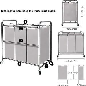 JH-Mech selezionatore per bucato a 3 sezioni con ruote bloccabili e sacchetti rimovibili carrello per lavanderia con rotelle per impieghi gravosi