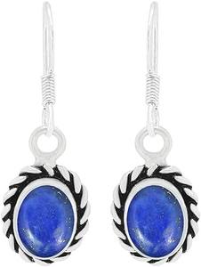 Pendientes de piedras preciosas de lapislázuli, pendientes de forma redonda de Plata de Ley 925 sólida para mujeres y niñas, Pendientes colgantes, joyería de plata - Product Image 2