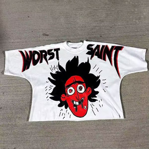 T-shirt blanc à manches courtes pour hommes, imprimé dessin animé Worst Saint, Streetwear, coupe régulière, col rond, jersey en coton - Product Image 6