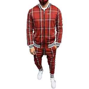 Conjunto de chándal a cuadros para hombre, chándal con cremallera completa, chaqueta deportiva con logotipo personalizado y joggers, traje de entrenamiento de gimnasio - Product Image 1