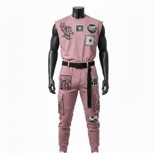 Ensemble 2 pièces pour homme : haut sans manches en molleton de coton premium 320 GSM rose poudré et pantalon cargo brodé avec logo. - Product Image 6