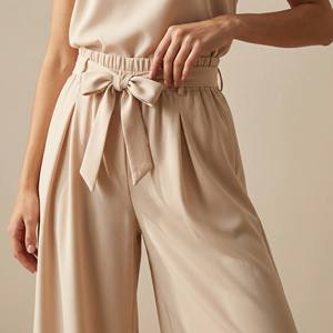 Pantalon plissé fluide en PU à jambes larges avec ceinture à nouer, taille élastique, respirant, coupe ample d'été, taille haute, taille unique convient à toutes les tailles - Product Image 3