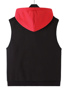 <b>Men's</b> Hooded Sleeveless <b>Vest</b> Solid Color Zipper Front Pocket Casual Outerwear Autumn Wear <b>Black</b> with Red Hood - Product Image 2