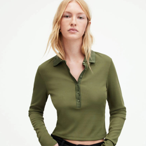 Women's Olive <b>Green</b> Polo Neck <b>Long</b> <b>Sleeve</b> <b>Crop</b> <b>Top</b> Slim Fit Solid Color Casual Knitted Shirt - Product Image 5