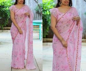 Exclusive Designer <b>Pink</b> Color Party Wear Floral Printed Georgette Saree With Sequence Embroidery Work <b>Lace</b> Border for Women's - Product Image 2