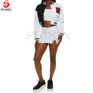 Chaqueta universitaria corta de lana de colección de invierno para mujer con mangas de cuero blanco 2023 abrigo de béisbol suministro al por mayor - Product Image 6