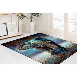 Tapis imprimé aux tons bleus : éléphant, ferme, couloir, décoration de bureau, tapis en chenille - Product Image 2