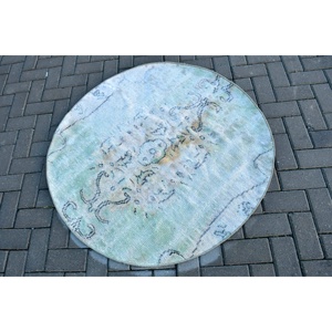 Alfombra Turca Redonda Vintage de 3.9x3.9 pies, Alfombra de Lana Azul - Product Image 2