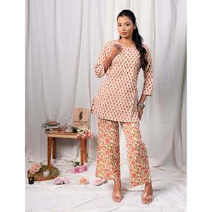 ชุดเซ็ตผ้าฝ้ายพิมพ์ลายบล็อกสีขาวแดง แขนสามส่วน - Product Image 3