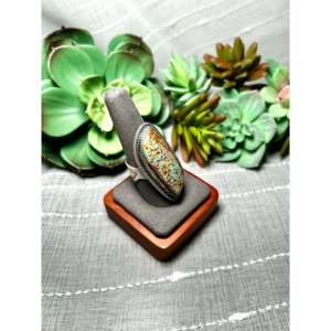 Matilda Benally # Anillo de Plata de Ley 925 con Baño de Rodio y 8 Turquesas, Talla 10, Engaste de Bisel, Corte Ovalado Geométrico para Uso Diario - Product Image 2