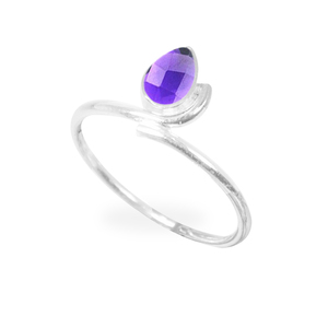 925 Sterling Silver Dainty <b>Family</b> <b>Birthstone</b> <b>Ring</b> Women Featuring Pear Amethyst Gemstone Diamond Collet Setting Ethnic Style - Product Image 1