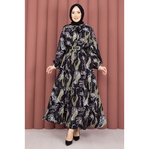Women's Patterned Black Scarf Collar Hijab Dress Chiffon Fabric with Natural Waistline A-Line Silhouette - Product Image 3