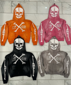 Vêtement de rue pour hommes en molleton surdimensionné imprimé avec des patchs cousus vintage hip-hop d'hiver personnalisés en gros, imprimé en relief, délavé à l'acide, fermeture éclair - Product Image 1