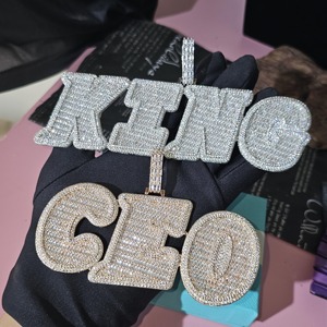 New Arrival Baguette VVS Moissanite Diamond <b>Gold</b> Plated 925 Silver Italic Letter Pendant <b>Necklace</b> Cuban Chain For <b>Men</b> Fashion - Product Image 3