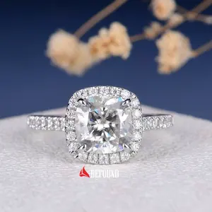 2ct垫切硅石钻石订婚戒指14k白金合成硅石石戒指经典带GRA证书